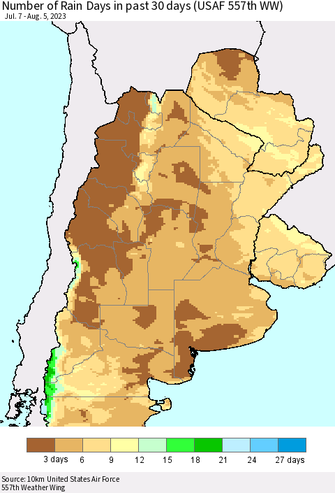 Southern South America Number of Rain Days in past 30 days (USAF 557th WW) 08/05/2023 Thematic Map For 8/1/2023 - 8/5/2023