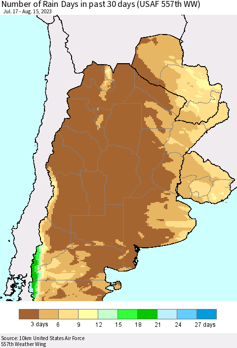Southern South America Number of Rain Days in past 30 days (USAF 557th WW) 08/15/2023 Thematic Map For 8/11/2023 - 8/15/2023