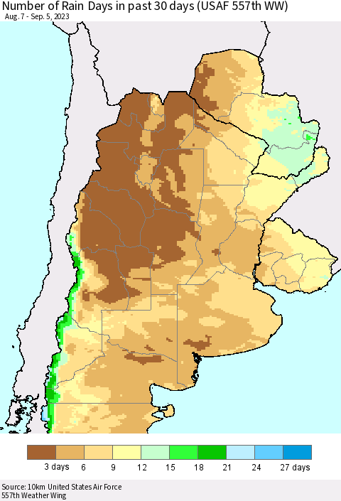 Southern South America Number of Rain Days in past 30 days (USAF 557th WW) 09/05/2023 Thematic Map For 9/1/2023 - 9/5/2023