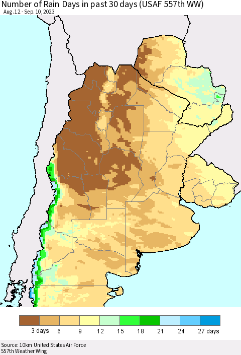 Southern South America Number of Rain Days in past 30 days (USAF 557th WW) 09/10/2023 Thematic Map For 9/6/2023 - 9/10/2023