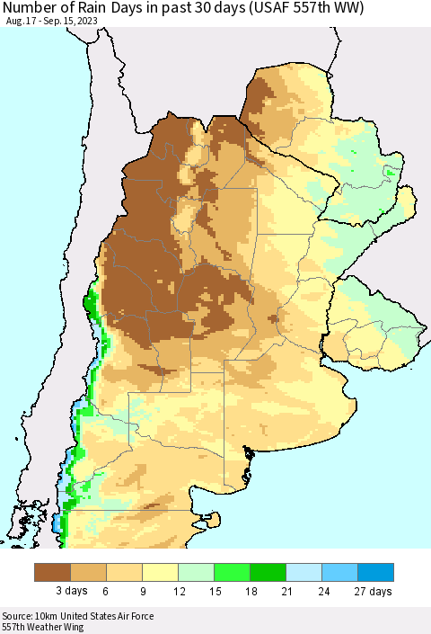 Southern South America Number of Rain Days in past 30 days (USAF 557th WW) 09/15/2023 Thematic Map For 9/11/2023 - 9/15/2023