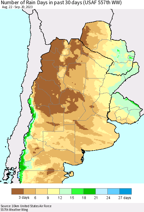 Southern South America Number of Rain Days in past 30 days (USAF 557th WW) 09/20/2023 Thematic Map For 9/16/2023 - 9/20/2023