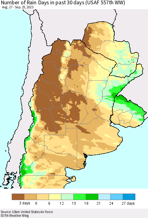 Southern South America Number of Rain Days in past 30 days (USAF 557th WW) 09/25/2023 Thematic Map For 9/21/2023 - 9/25/2023