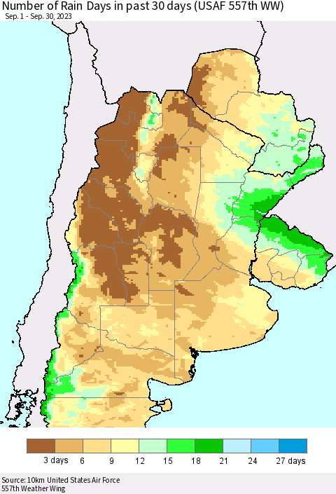 Southern South America Number of Rain Days in past 30 days (USAF 557th WW) 09/30/2023 Thematic Map For 9/26/2023 - 9/30/2023