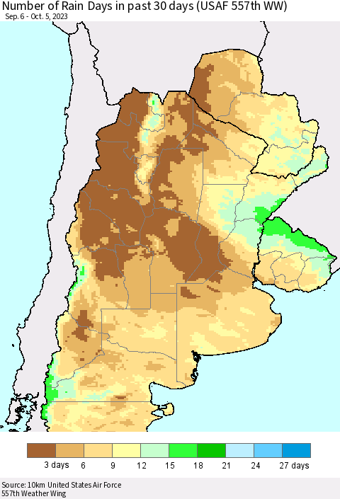 Southern South America Number of Rain Days in past 30 days (USAF 557th WW) 10/05/2023 Thematic Map For 10/1/2023 - 10/5/2023
