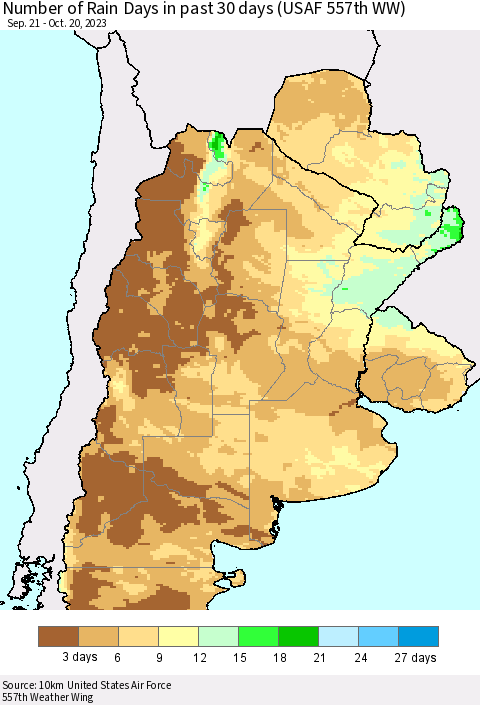 Southern South America Number of Rain Days in past 30 days (USAF 557th WW) 10/20/2023 Thematic Map For 10/16/2023 - 10/20/2023