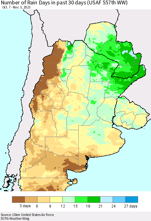 Southern South America Number of Rain Days in past 30 days (USAF 557th WW) 11/05/2023 Thematic Map For 11/1/2023 - 11/5/2023