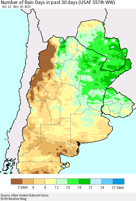 Southern South America Number of Rain Days in past 30 days (USAF 557th WW) 11/10/2023 Thematic Map For 11/6/2023 - 11/10/2023