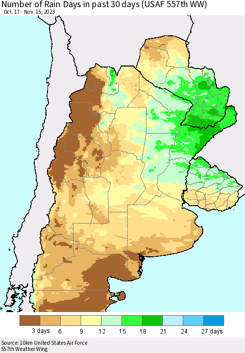 Southern South America Number of Rain Days in past 30 days (USAF 557th WW) 11/15/2023 Thematic Map For 11/11/2023 - 11/15/2023