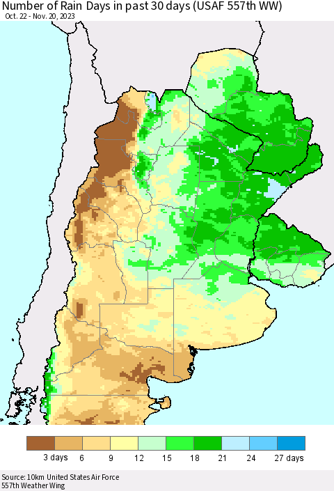 Southern South America Number of Rain Days in past 30 days (USAF 557th WW) 11/20/2023 Thematic Map For 11/16/2023 - 11/20/2023