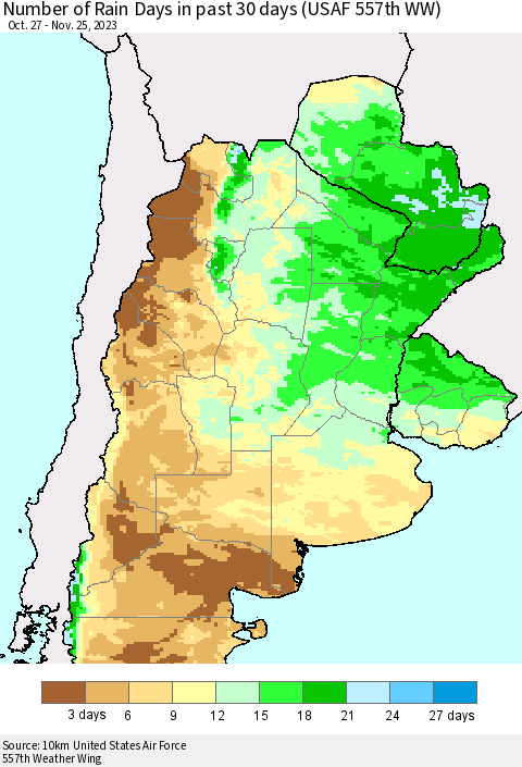 Southern South America Number of Rain Days in past 30 days (USAF 557th WW) 11/25/2023 Thematic Map For 11/21/2023 - 11/25/2023