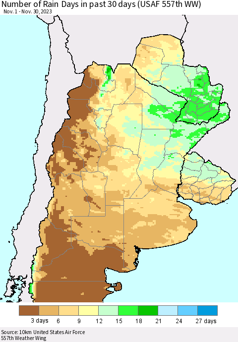 Southern South America Number of Rain Days in past 30 days (USAF 557th WW) 11/30/2023 Thematic Map For 11/26/2023 - 11/30/2023