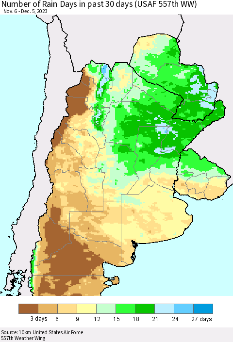 Southern South America Number of Rain Days in past 30 days (USAF 557th WW) 12/05/2023 Thematic Map For 12/1/2023 - 12/5/2023