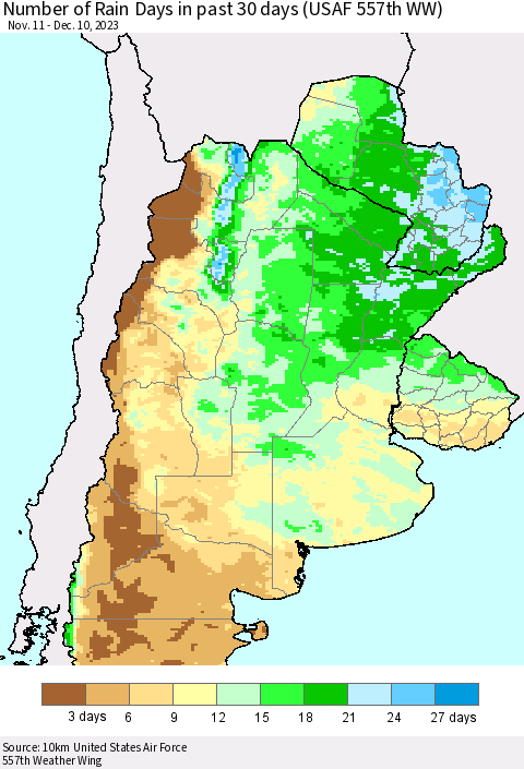 Southern South America Number of Rain Days in past 30 days (USAF 557th WW) 12/10/2023 Thematic Map For 12/6/2023 - 12/10/2023