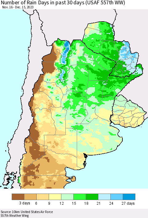 Southern South America Number of Rain Days in past 30 days (USAF 557th WW) 12/15/2023 Thematic Map For 12/11/2023 - 12/15/2023
