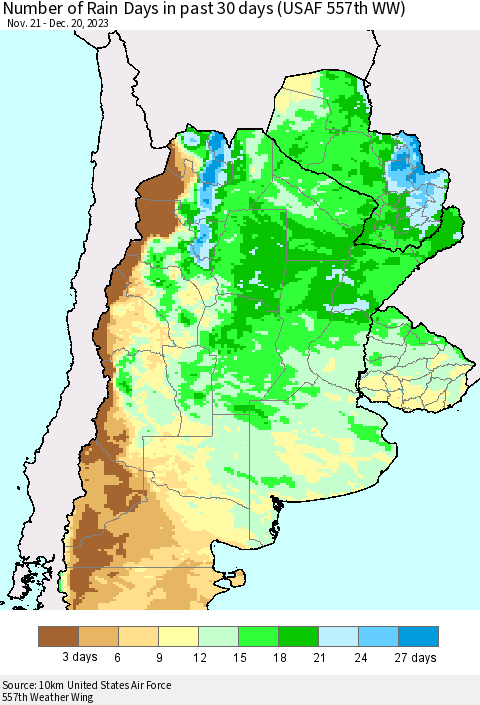 Southern South America Number of Rain Days in past 30 days (USAF 557th WW) 12/20/2023 Thematic Map For 12/16/2023 - 12/20/2023