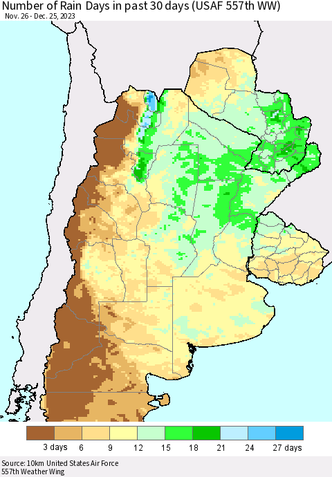 Southern South America Number of Rain Days in past 30 days (USAF 557th WW) 12/25/2023 Thematic Map For 12/21/2023 - 12/25/2023