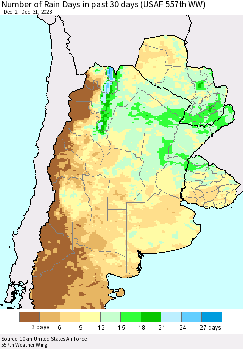 Southern South America Number of Rain Days in past 30 days (USAF 557th WW) 12/31/2023 Thematic Map For 12/26/2023 - 12/31/2023
