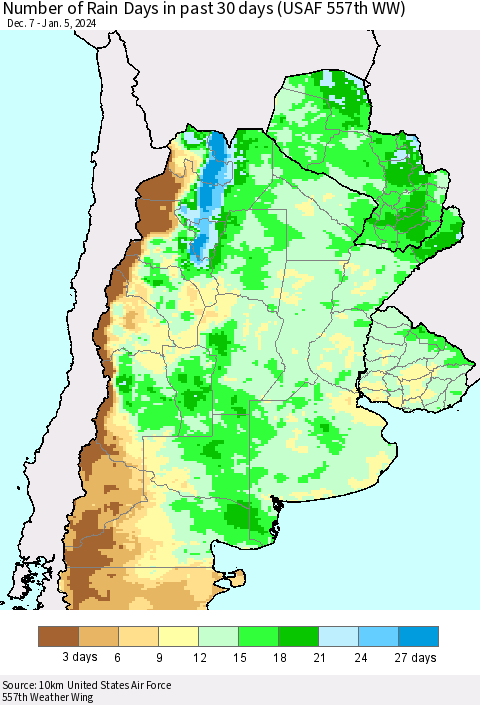 Southern South America Number of Rain Days in past 30 days (USAF 557th WW) 01/05/2024 Thematic Map For 1/1/2024 - 1/5/2024