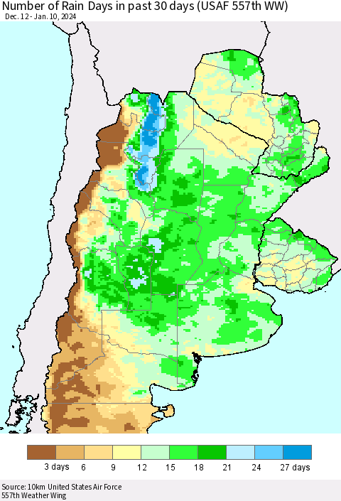 Southern South America Number of Rain Days in past 30 days (USAF 557th WW) 01/10/2024 Thematic Map For 1/6/2024 - 1/10/2024