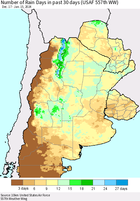 Southern South America Number of Rain Days in past 30 days (USAF 557th WW) 01/15/2024 Thematic Map For 1/11/2024 - 1/15/2024