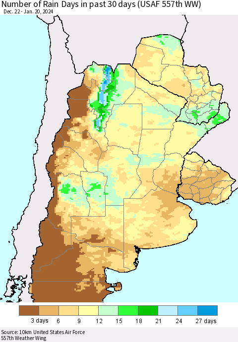 Southern South America Number of Rain Days in past 30 days (USAF 557th WW) 01/20/2024 Thematic Map For 1/16/2024 - 1/20/2024