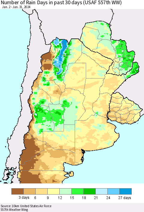 Southern South America Number of Rain Days in past 30 days (USAF 557th WW) 01/31/2024 Thematic Map For 1/26/2024 - 1/31/2024