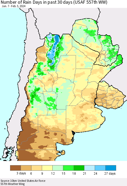 Southern South America Number of Rain Days in past 30 days (USAF 557th WW) 02/05/2024 Thematic Map For 2/1/2024 - 2/5/2024