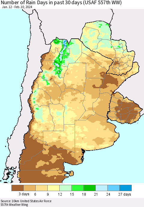 Southern South America Number of Rain Days in past 30 days (USAF 557th WW) 02/10/2024 Thematic Map For 2/6/2024 - 2/10/2024