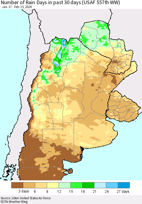 Southern South America Number of Rain Days in past 30 days (USAF 557th WW) 02/15/2024 Thematic Map For 2/11/2024 - 2/15/2024