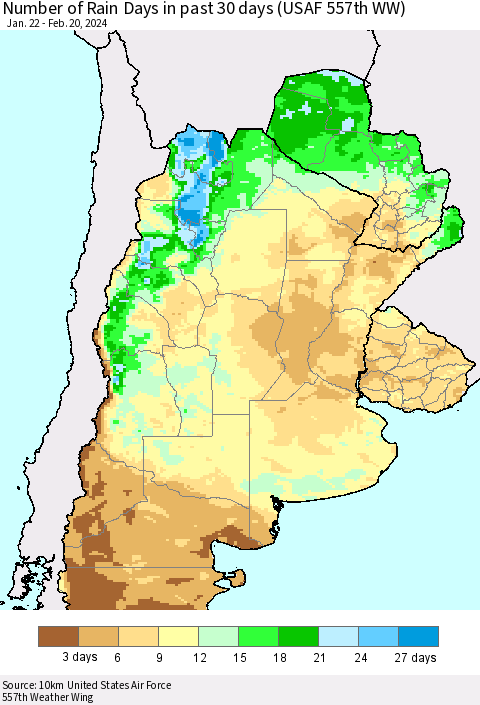 Southern South America Number of Rain Days in past 30 days (USAF 557th WW) 02/20/2024 Thematic Map For 2/16/2024 - 2/20/2024