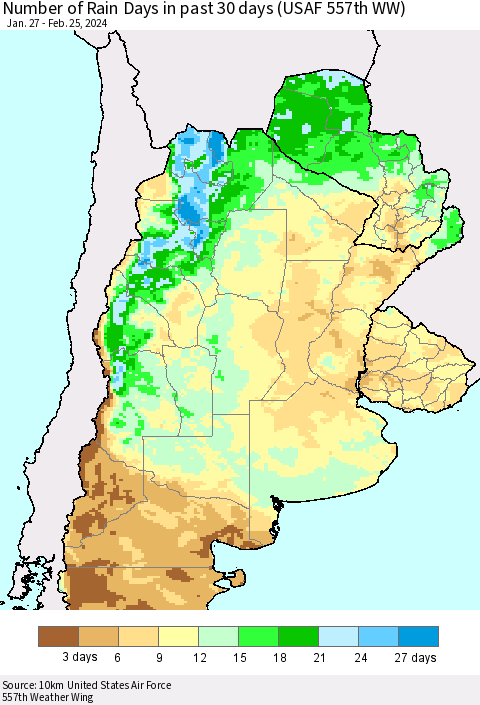Southern South America Number of Rain Days in past 30 days (USAF 557th WW) 02/25/2024 Thematic Map For 2/21/2024 - 2/25/2024