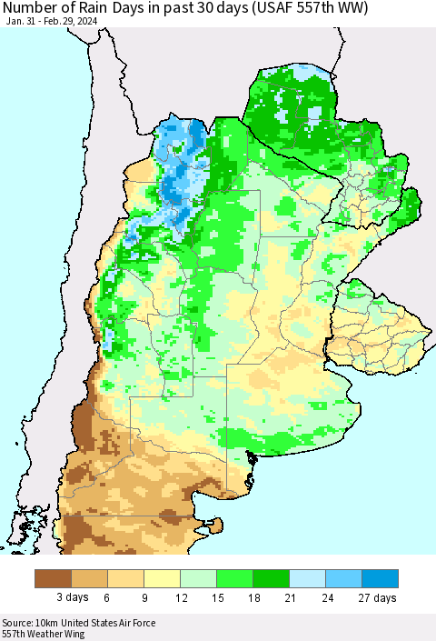 Southern South America Number of Rain Days in past 30 days (USAF 557th WW) 02/29/2024 Thematic Map For 2/26/2024 - 2/29/2024