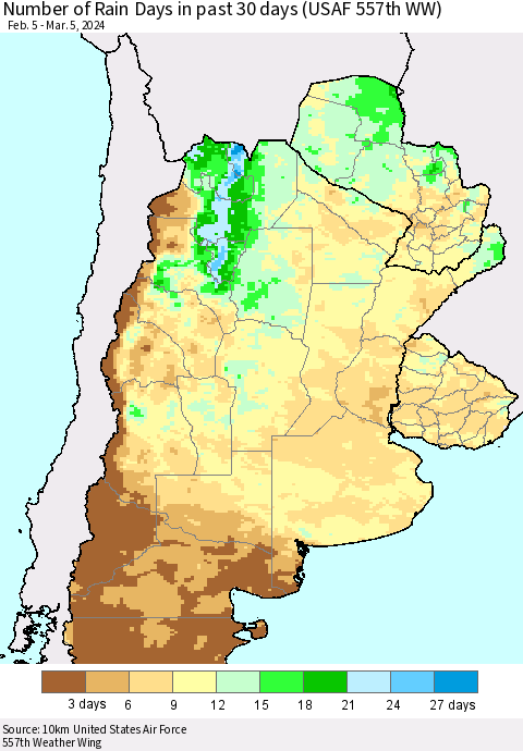 Southern South America Number of Rain Days in past 30 days (USAF 557th WW) 03/05/2024 Thematic Map For 3/1/2024 - 3/5/2024