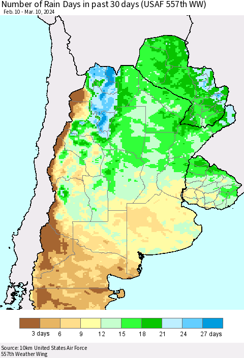 Southern South America Number of Rain Days in past 30 days (USAF 557th WW) 03/10/2024 Thematic Map For 3/6/2024 - 3/10/2024