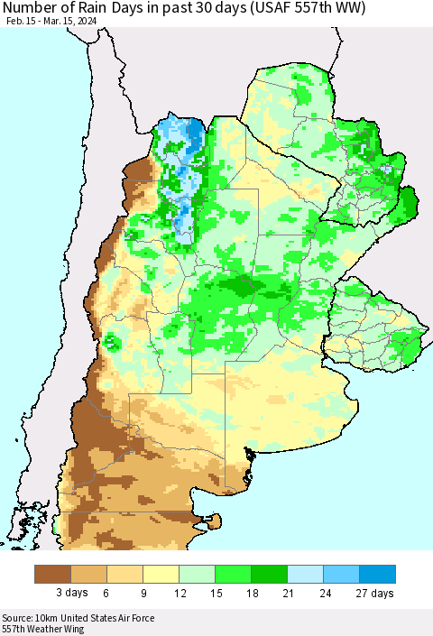 Southern South America Number of Rain Days in past 30 days (USAF 557th WW) 03/15/2024 Thematic Map For 3/11/2024 - 3/15/2024