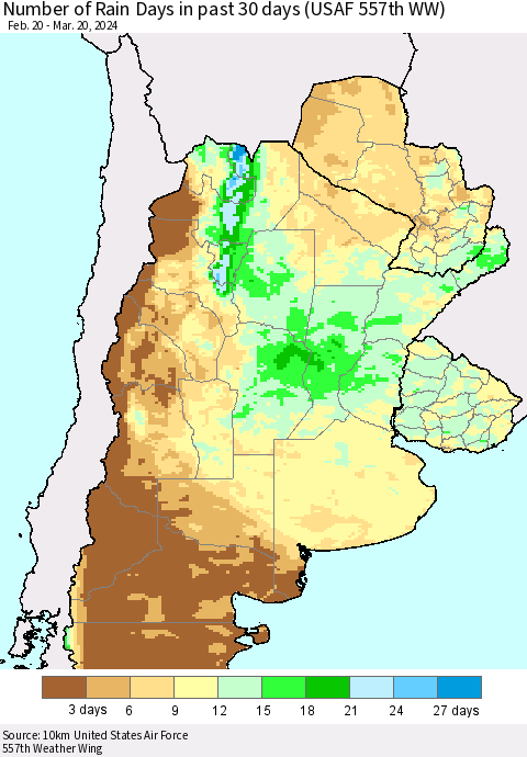 Southern South America Number of Rain Days in past 30 days (USAF 557th WW) 03/20/2024 Thematic Map For 3/16/2024 - 3/20/2024