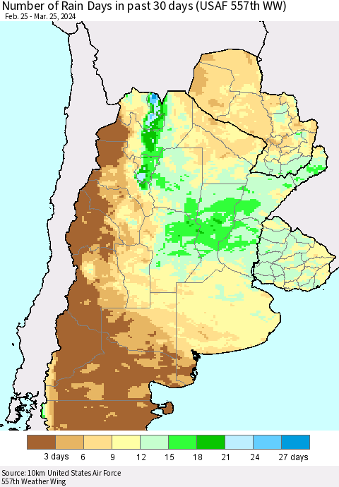 Southern South America Number of Rain Days in past 30 days (USAF 557th WW) 03/25/2024 Thematic Map For 3/21/2024 - 3/25/2024