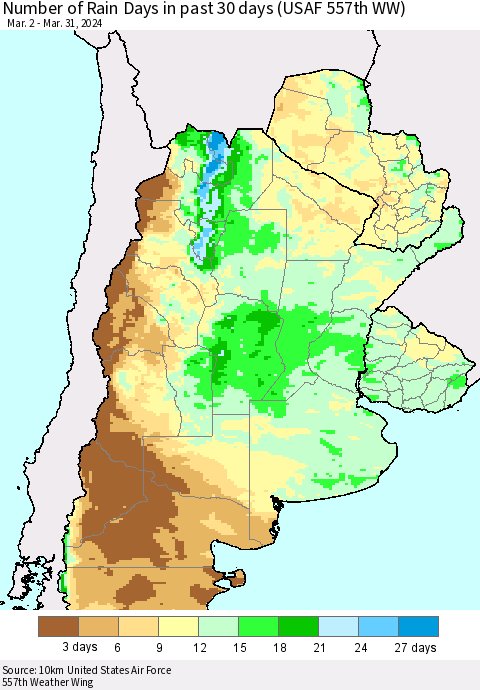 Southern South America Number of Rain Days in past 30 days (USAF 557th WW) 03/31/2024 Thematic Map For 3/26/2024 - 3/31/2024