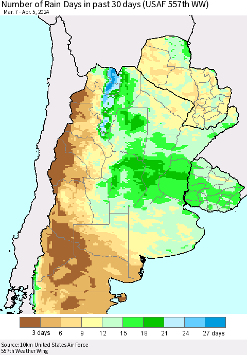 Southern South America Number of Rain Days in past 30 days (USAF 557th WW) 04/05/2024 Thematic Map For 4/1/2024 - 4/5/2024