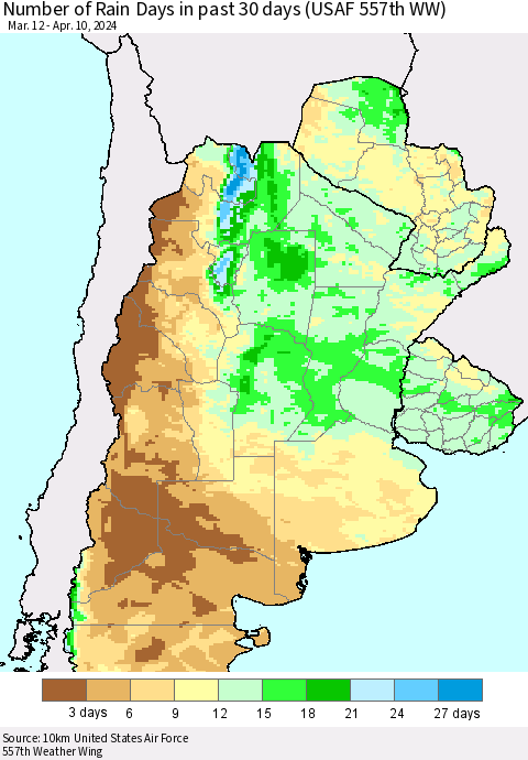 Southern South America Number of Rain Days in past 30 days (USAF 557th WW) 04/10/2024 Thematic Map For 4/6/2024 - 4/10/2024