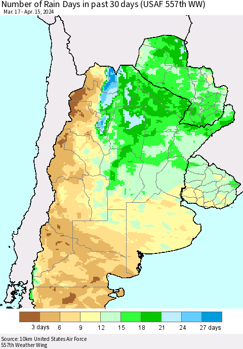 Southern South America Number of Rain Days in past 30 days (USAF 557th WW) 04/15/2024 Thematic Map For 4/11/2024 - 4/15/2024