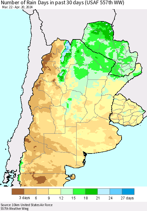 Southern South America Number of Rain Days in past 30 days (USAF 557th WW) 04/20/2024 Thematic Map For 4/16/2024 - 4/20/2024