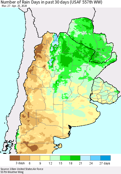 Southern South America Number of Rain Days in past 30 days (USAF 557th WW) 04/25/2024 Thematic Map For 4/21/2024 - 4/25/2024