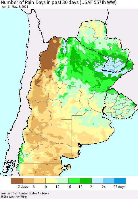 Southern South America Number of Rain Days in past 30 days (USAF 557th WW) 05/05/2024 Thematic Map For 5/1/2024 - 5/5/2024