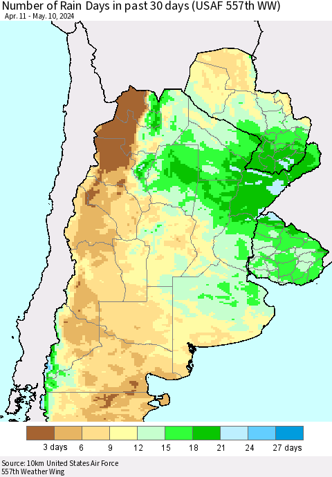 Southern South America Number of Rain Days in past 30 days (USAF 557th WW) 05/10/2024 Thematic Map For 5/6/2024 - 5/10/2024