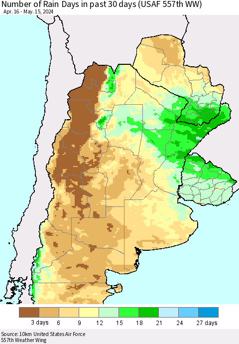 Southern South America Number of Rain Days in past 30 days (USAF 557th WW) 05/15/2024 Thematic Map For 5/11/2024 - 5/15/2024