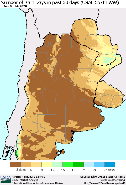 Southern South America Number of Rain Days in past 30 days (USAF 557th WW) 06/14/2020 Thematic Map For 6/8/2020 - 6/14/2020