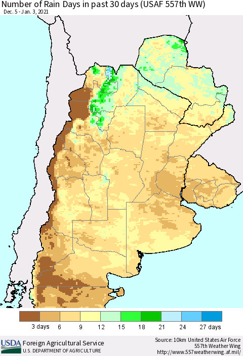 Southern South America Number of Rain Days in past 30 days (USAF 557th WW) 01/03/2021 Thematic Map For 12/28/2020 - 1/3/2021