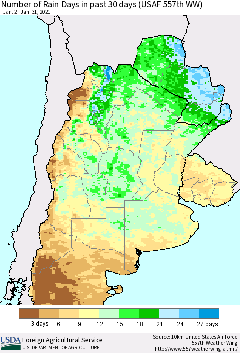 Southern South America Number of Rain Days in past 30 days (USAF 557th WW) 01/31/2021 Thematic Map For 1/25/2021 - 1/31/2021
